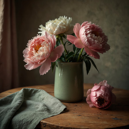 An arrangement of peonies is placed in a vase on a round wooden table. The soft blossoms and the matte vessel create a harmonious and subtle effect together with the muted background.の素材