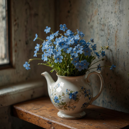 A bouquet of forget-me-nots is arranged in a teapot, placed on an old wooden surface by the window. The natural light highlights the delicate flowers and gives the scene a quiet, nostalgic atmosphere.の素材