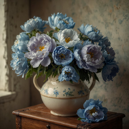 An arrangement of peonies is placed in a vase on an old wooden chest. The soft light from the side highlights the lush blossoms and creates a calm, nostalgic atmosphere.の素材