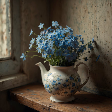 A bouquet of forget-me-nots is arranged in a teapot, placed on an old wooden surface by the window. The natural light highlights the delicate flowers and gives the scene a quiet, nostalgic atmosphere.の素材
