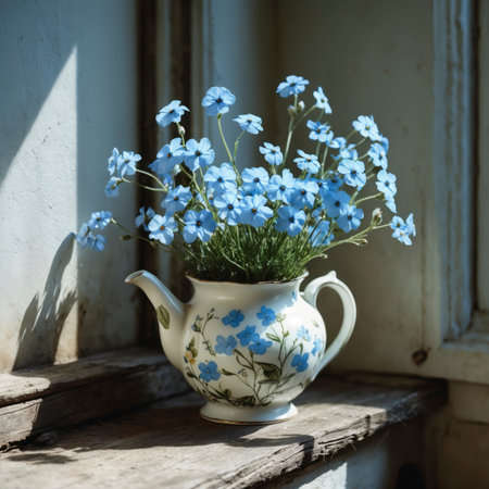 A bouquet of forget-me-nots is arranged in a teapot, placed on an old wooden surface by the window. The natural light highlights the delicate flowers and gives the scene a quiet, nostalgic atmosphere.の素材