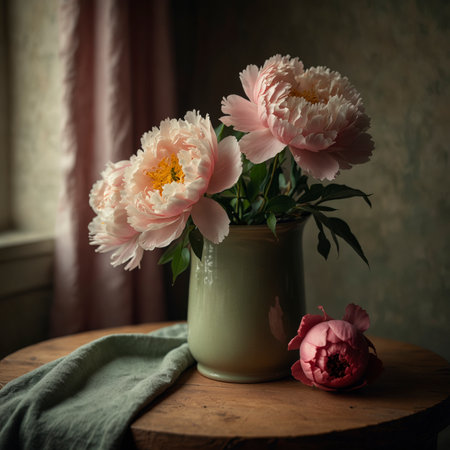An arrangement of peonies is placed in a vase on a round wooden table. The soft blossoms and the matte vessel create a harmonious and subtle effect together with the muted background.の素材