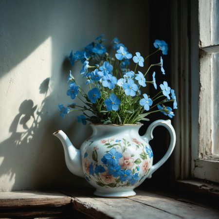A bouquet of forget-me-nots is arranged in a teapot, placed on an old wooden surface by the window. The natural light highlights the delicate flowers and gives the scene a quiet, nostalgic atmosphere.の素材