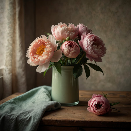 An arrangement of peonies is placed in a vase on a round wooden table. The soft blossoms and the matte vessel create a harmonious and subtle effect together with the muted background.の素材