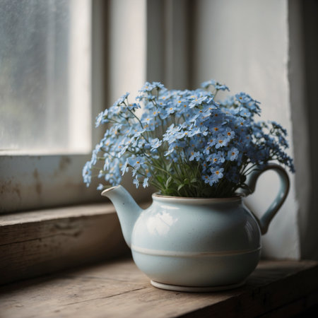 A bouquet of forget-me-nots is arranged in a teapot, placed on an old wooden surface by the window. The natural light highlights the delicate flowers and gives the scene a quiet, nostalgic atmosphere.の素材