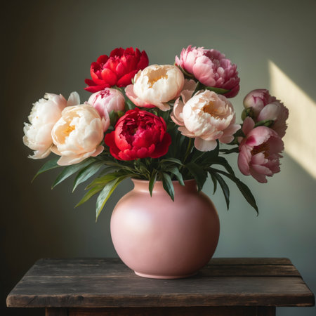 An arrangement of peonies is placed in a vase on a round wooden table. The soft blossoms and the matte vessel create a harmonious and subtle effect together with the muted background.の素材