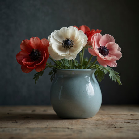 A bouquet of anemones is arranged in a vase on a wooden table. The delicate petals and the calm background emphasize the simple elegance of the composition.の素材