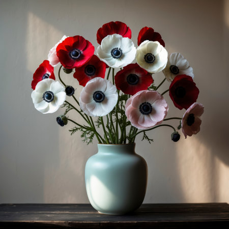 A bouquet of anemones is arranged in a vase on a wooden table. The delicate petals and the calm background emphasize the simple elegance of the composition.の素材