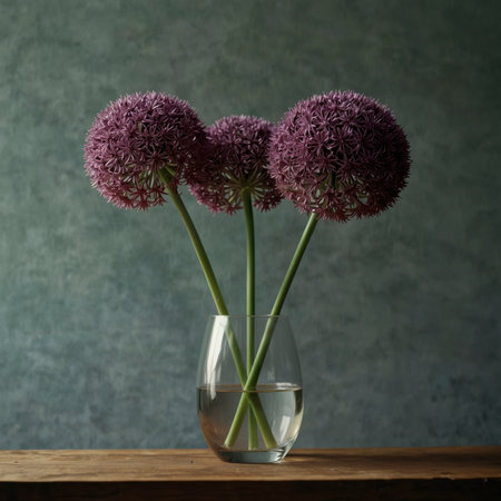 An arrangement of allium in a vase, displayed on a wooden table against a neutral background. The spherical flower heads appear striking and give the image a clear, graphic structure.の素材