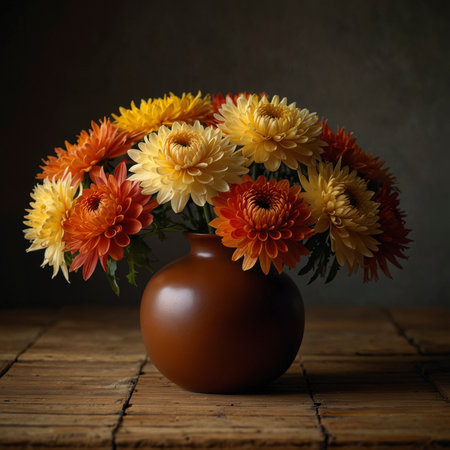 An arrangement of chrysanthemums in a vase, displayed on a rustic wooden table against a neutral background. The lush blossoms give the image a lively yet harmonious appearance.の素材