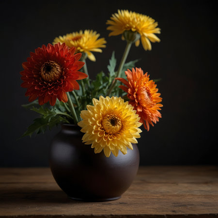 An arrangement of chrysanthemums in a vase, displayed on a rustic wooden table against a neutral background. The lush blossoms give the image a lively yet harmonious appearance.の素材