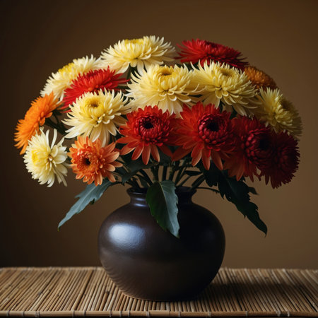 An arrangement of chrysanthemums in a vase, displayed on a rustic wooden table against a neutral background. The lush blossoms give the image a lively yet harmonious appearance.の素材