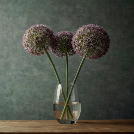 An arrangement of allium in a vase, displayed on a wooden table against a neutral background. The spherical flower heads appear striking and give the image a clear, graphic structure.の素材