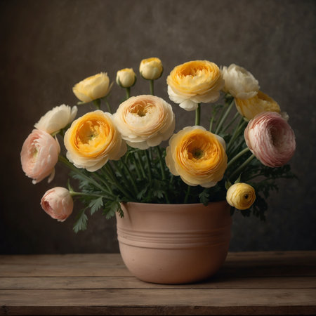 An arrangement of ranunculus in a vase, placed on a wooden table against a muted background. The blossoms are closely arranged, giving the scene an elegant yet natural effect.の素材