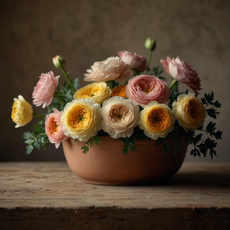 An arrangement of ranunculus in a vase, placed on a wooden table against a muted background. The blossoms are closely arranged, giving the scene an elegant yet natural effect.の素材