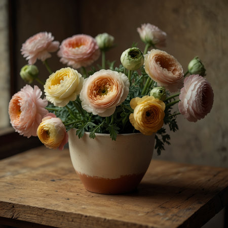 An arrangement of ranunculus in a vase, placed on a wooden table against a muted background. The blossoms are closely arranged, giving the scene an elegant yet natural effect.の素材