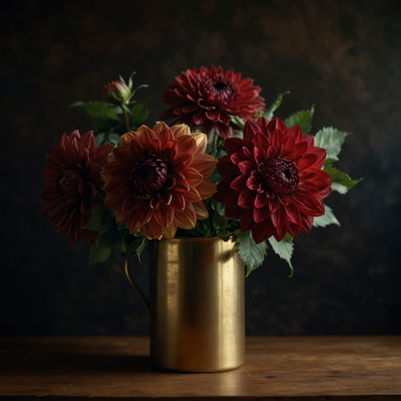 An arrangement of dahlias in a vase, placed on a wooden table against a dark background. The blossoms are lushly arranged, giving the scene a powerful yet harmonious presence.の素材