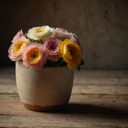 An arrangement of ranunculus in a vase, placed on a wooden table against a muted background. The blossoms are closely arranged, giving the scene an elegant yet natural effect.の素材