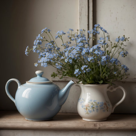 A bouquet of forget-me-nots is placed in a jug by the window, next to a matching teapot with floral decoration. The warm light highlights the harmonious arrangement and creates a calm, nostalgic mood.の素材