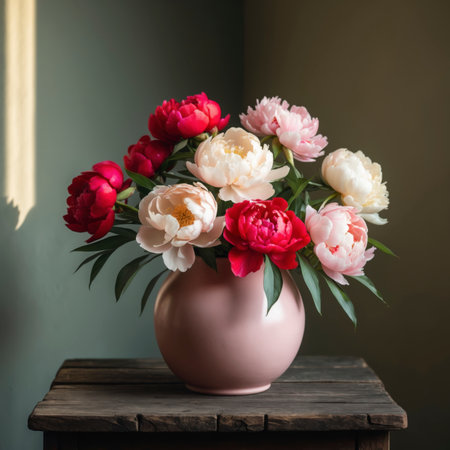 An arrangement of peonies is placed in a vase on a round wooden table. The soft blossoms and the matte vessel create a harmonious and subtle effect together with the muted background.の素材