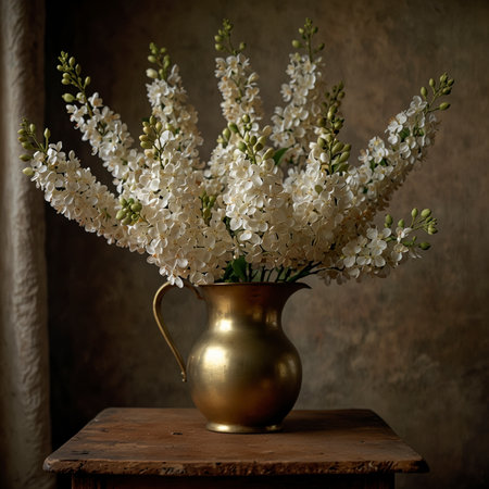 A bouquet of lilac blossoms in a vessel, arranged on a wooden table against a neutral background. The lush flower clusters and leaves highlight the natural abundance and simplicity of the still life.の素材