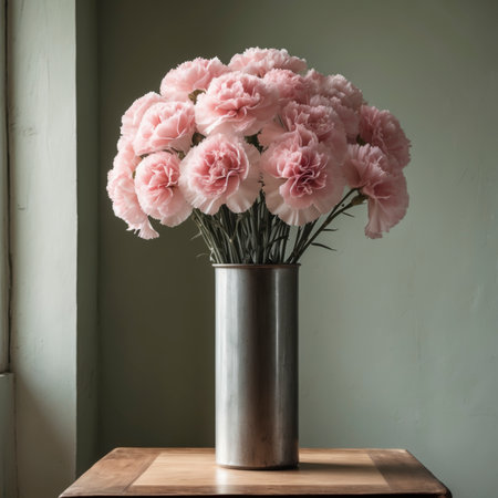 A bouquet of carnations in a vessel, arranged on a wooden table against a neutral background. The densely layered blossoms and foliage emphasize the classical character of this still life.の素材