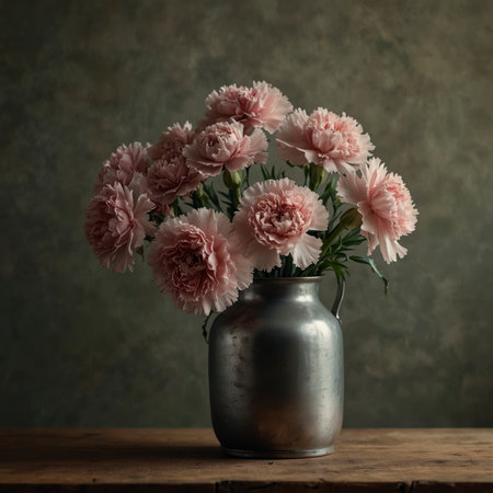 A bouquet of carnations in a vessel, arranged on a wooden table against a neutral background. The densely layered blossoms and foliage emphasize the classical character of this still life.の素材
