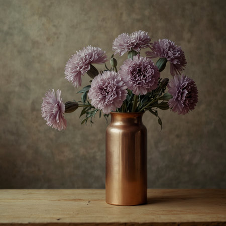 A bouquet of carnations in a vessel, arranged on a wooden table against a neutral background. The densely layered blossoms and foliage emphasize the classical character of this still life.の素材