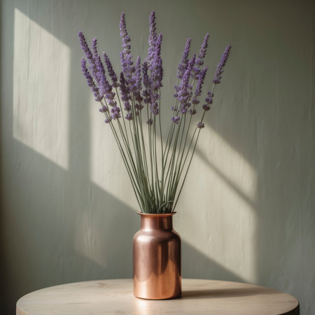 A bouquet of lavender in a vase, arranged on a light wooden table against a subtle background. The long stems and delicate blossoms create an airy and simple composition.の素材