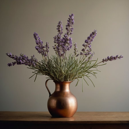 A bouquet of lavender in a vase, arranged on a light wooden table against a subtle background. The long stems and delicate blossoms create an airy and simple composition.の素材