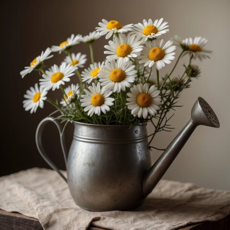 A bouquet of daisies in an old watering can, arranged on a rustic wooden table against a simple background. The delicate blossoms give the scene a natural and nostalgic character.の素材