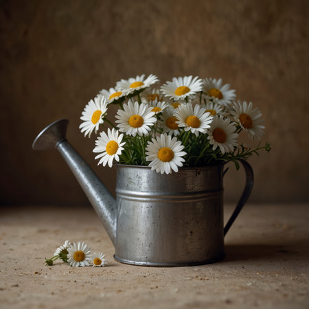 A bouquet of daisies in an old watering can, arranged on a rustic wooden table against a simple background. The delicate blossoms give the scene a natural and nostalgic character.の素材