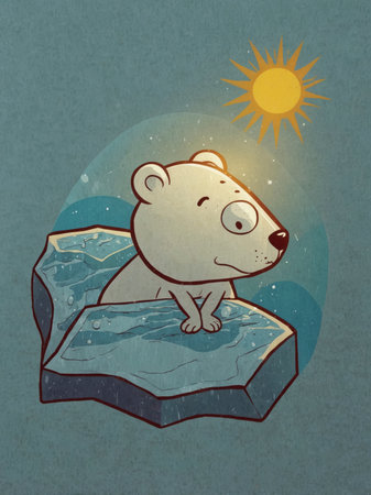 A childlike illustration of a small polar bear sitting on a melting ice float in the sea. In the background, water, icebergs, and a shining sun create a scene that feels playful yet thoughtful.の素材