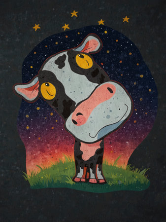 An illustration of a black-and-white cow with a big pink muzzle, tilting its head curiously. The background shows a blue night sky with stars, giving the scene a playful and friendly feel.の素材
