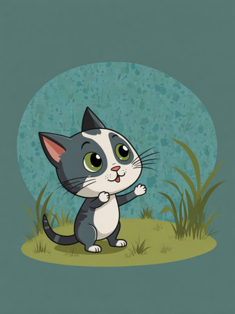 An illustration of a little cat with big eyes sitting on a meadow. The depiction is childlike, playful, and full of charm, with a curious and friendly expression.の素材