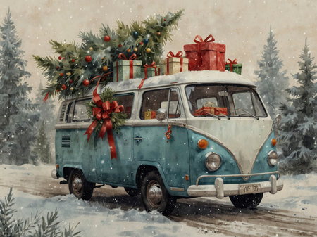 A winter illustration of a vintage van decorated with red ribbons and evergreen branches. On the roof are presents and a festively adorned Christmas tree. Gentle snowfall surrounds the scene, creating a cozy holiday mood.の素材