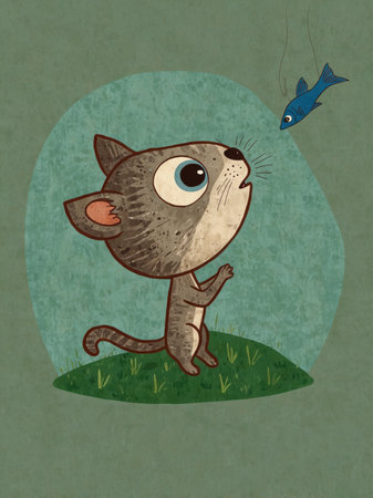 An illustration of a little cat with big eyes sitting on a meadow. The depiction is childlike, playful, and full of charm, with a curious and friendly expression.の素材