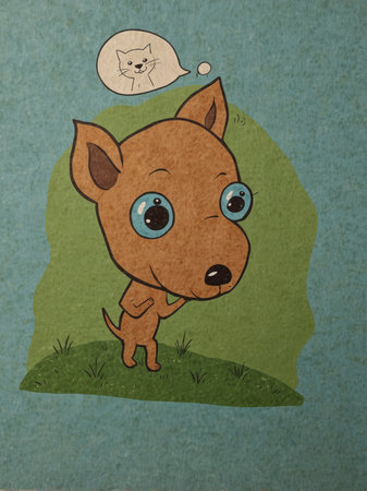 An illustration of a little dog with big eyes, imagining a cat in a thought bubble. The scene is playful and childlike, with a humorous expression.の素材