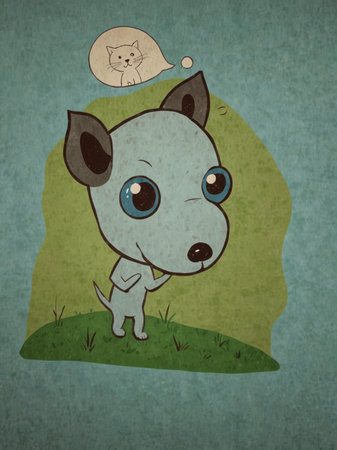 An illustration of a little dog with big eyes, imagining a cat in a thought bubble. The scene is playful and childlike, with a humorous expression.の素材