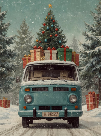 A winter illustration of a vintage van decorated with red ribbons and evergreen branches. On the roof are presents and a festively adorned Christmas tree. Gentle snowfall surrounds the scene, creating a cozy holiday mood.の素材