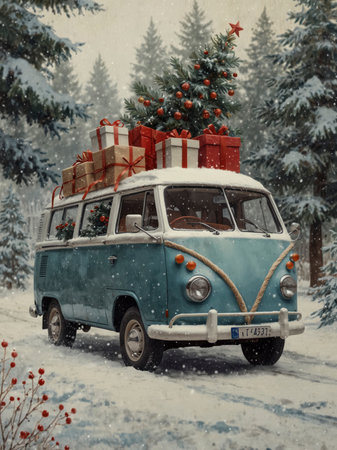 A winter illustration of a vintage van decorated with red ribbons and evergreen branches. On the roof are presents and a festively adorned Christmas tree. Gentle snowfall surrounds the scene, creating a cozy holiday mood.の素材