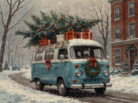 A winter illustration of a vintage van decorated with red ribbons and evergreen branches. On the roof are presents and a festively adorned Christmas tree. Gentle snowfall surrounds the scene, creating a cozy holiday mood.の素材