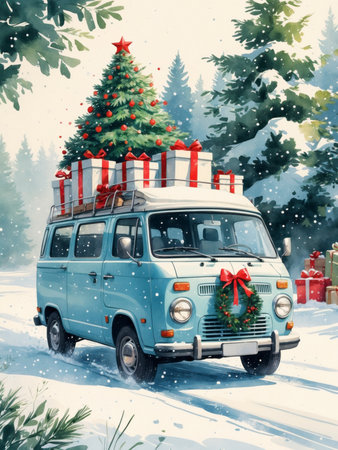 A winter illustration of a vintage van decorated with red ribbons and evergreen branches. On the roof are presents and a festively adorned Christmas tree. Gentle snowfall surrounds the scene, creating a cozy holiday mood.の素材