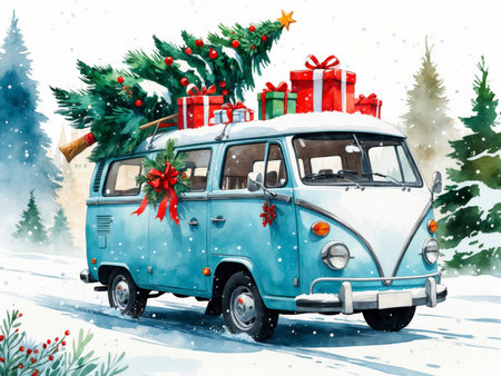 A winter illustration of a vintage van decorated with red ribbons and evergreen branches. On the roof are presents and a festively adorned Christmas tree. Gentle snowfall surrounds the scene, creating a cozy holiday mood.の素材