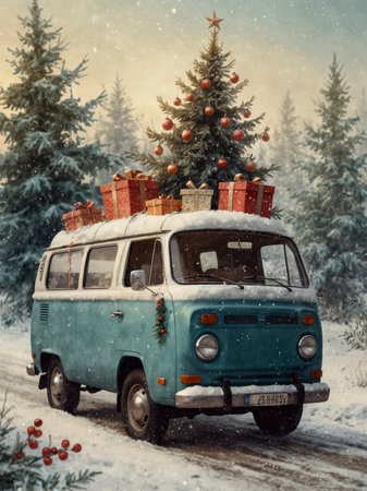 A winter illustration of a vintage van decorated with red ribbons and evergreen branches. On the roof are presents and a festively adorned Christmas tree. Gentle snowfall surrounds the scene, creating a cozy holiday mood.の素材
