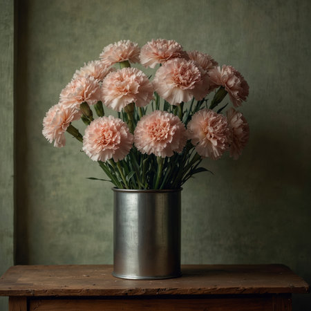 A bouquet of carnations in a vessel, arranged on a wooden table against a neutral background. The densely layered blossoms and foliage emphasize the classical character of this still life.の素材