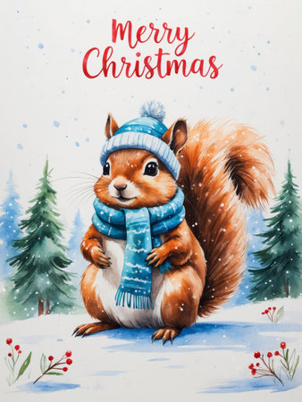 A red squirrel sits in a snowy winter forest. It wears a knitted hat with a pompom and a floral patterned scarf. Above the scene, the text Merry Christmas appears in a festive script. Snowflakes are gently falling, and the scene is framed by pine branches and berries.の素材