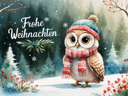 An owl sits in a snowy winter forest. It wears a knitted hat with a pompom and a matching scarf with winter patterns. Above the scene, the text Merry Christmas appears in festive script. Snowflakes are gently falling, and pine branches with berries frame the wintry atmosphere.の素材