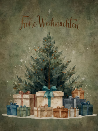 Watercolor illustration with a Christmas tree surrounded by festively wrapped gifts in blue, brown, and beige tones. Above, the text Merry Christmas is written in elegant script.の素材