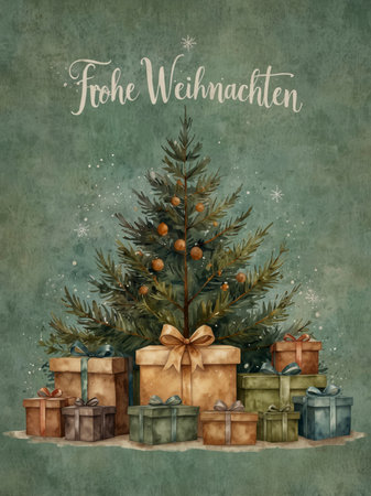 Watercolor illustration with a Christmas tree surrounded by festively wrapped gifts in blue, brown, and beige tones. Above, the text Merry Christmas is written in elegant script.の素材